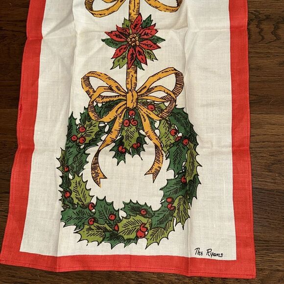 Vintage Christmas Falani & Cohn Linen Wreath & Poinsettia Linen Tea Towel - Picture 3 of 6